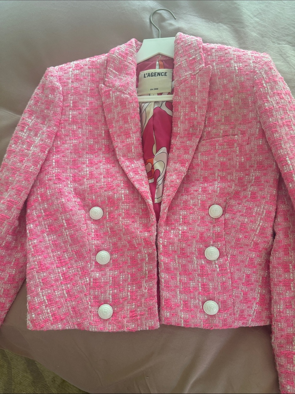 L'AGENCE Pink Tweed Double-Breasted Blazer
